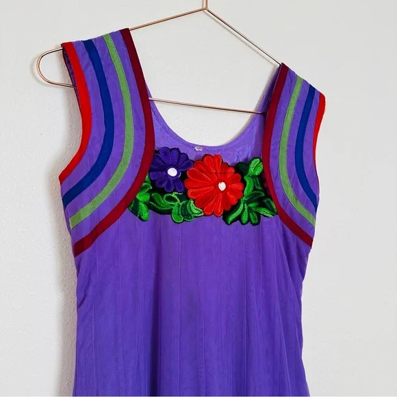 Vintage Phool Dress Indian Vibrant Purple Floral Embroidered Midi - Picture 8 of 10
